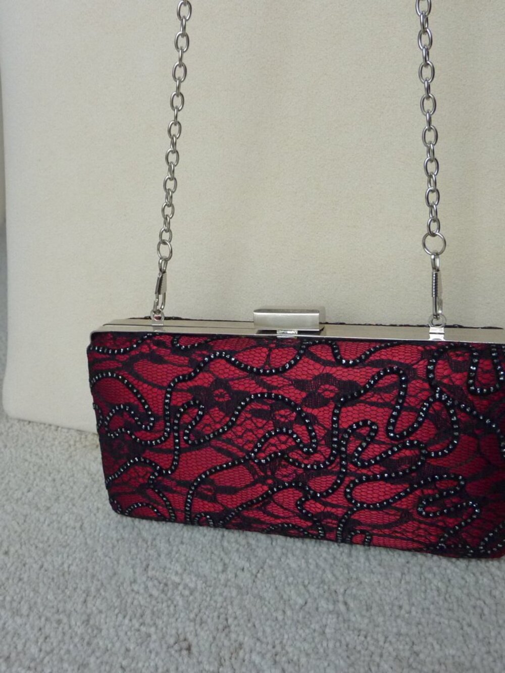 LULU TOWNSEND Red Satin Black Lace Hard Case handbag purse clutch Silver Chain - Picture 10 of 15